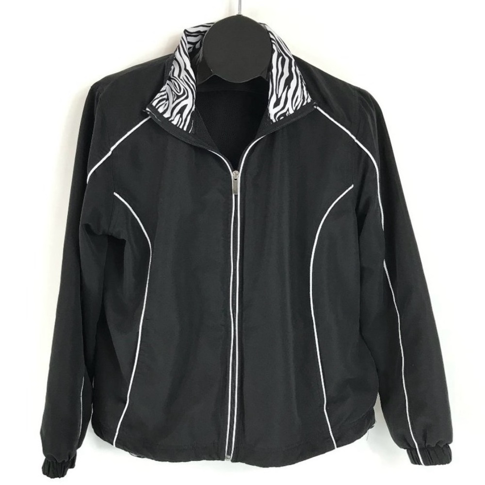 Kim Rogers Full Zip Jacket Women's Size Large Black Zebra Print Mock Neck Lined